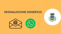 sfondo ocra, dicitura segnalazione disservizi, icona e-mail, icona whatsapp, logo comune di gavorrano