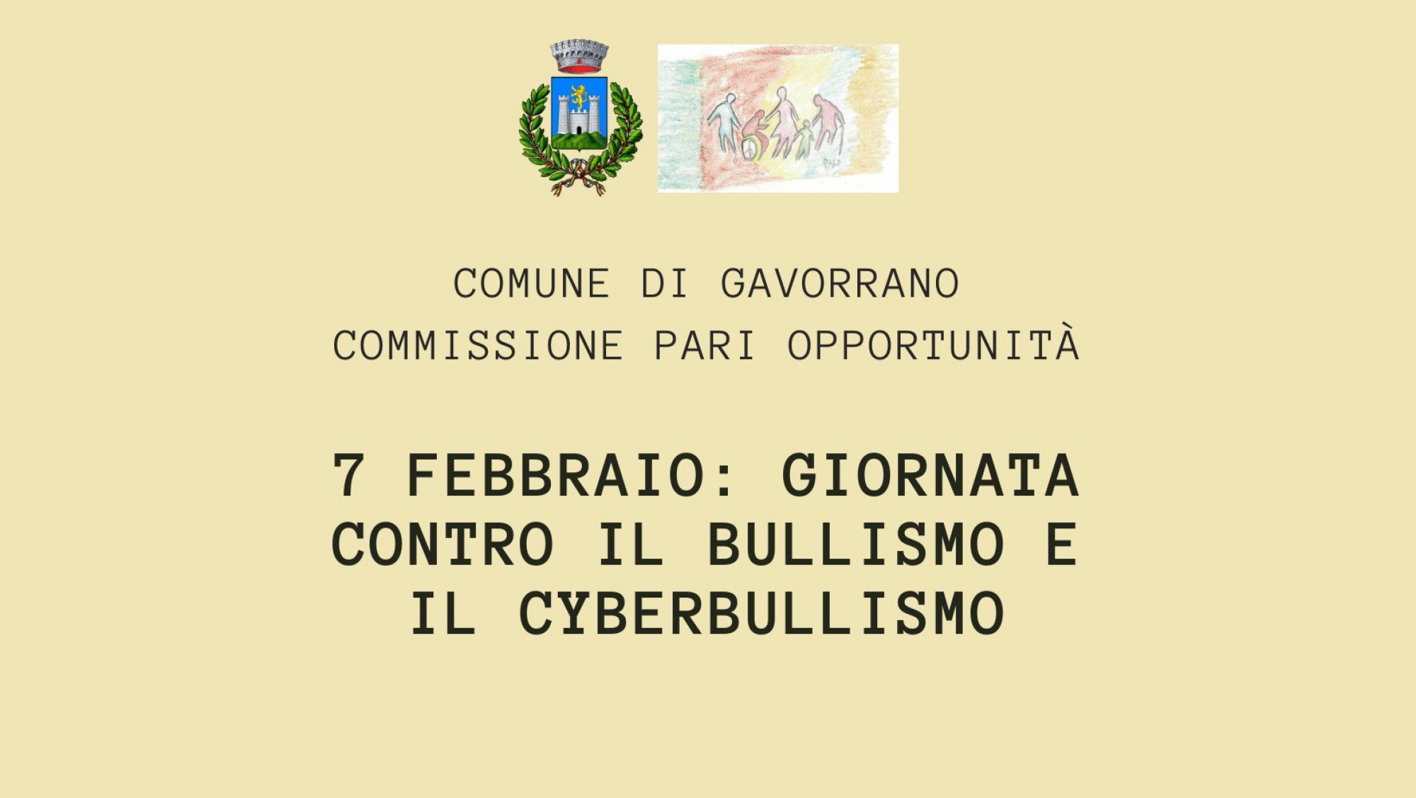 sfondo giallo, logo comune di gavorrano e logo commissione pari opportunità.7 Febbraio: giornata contro il bullismo e il cyberbullismo 