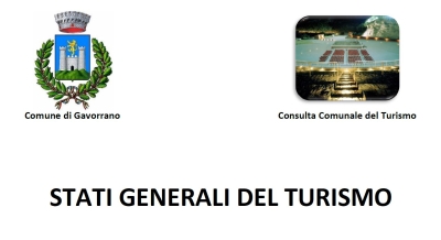 Logo del comune sulla sinistra, immagine del teatro delle rocce sulla destra, dicitura &quot;stati generali del turismo&quot; al centro